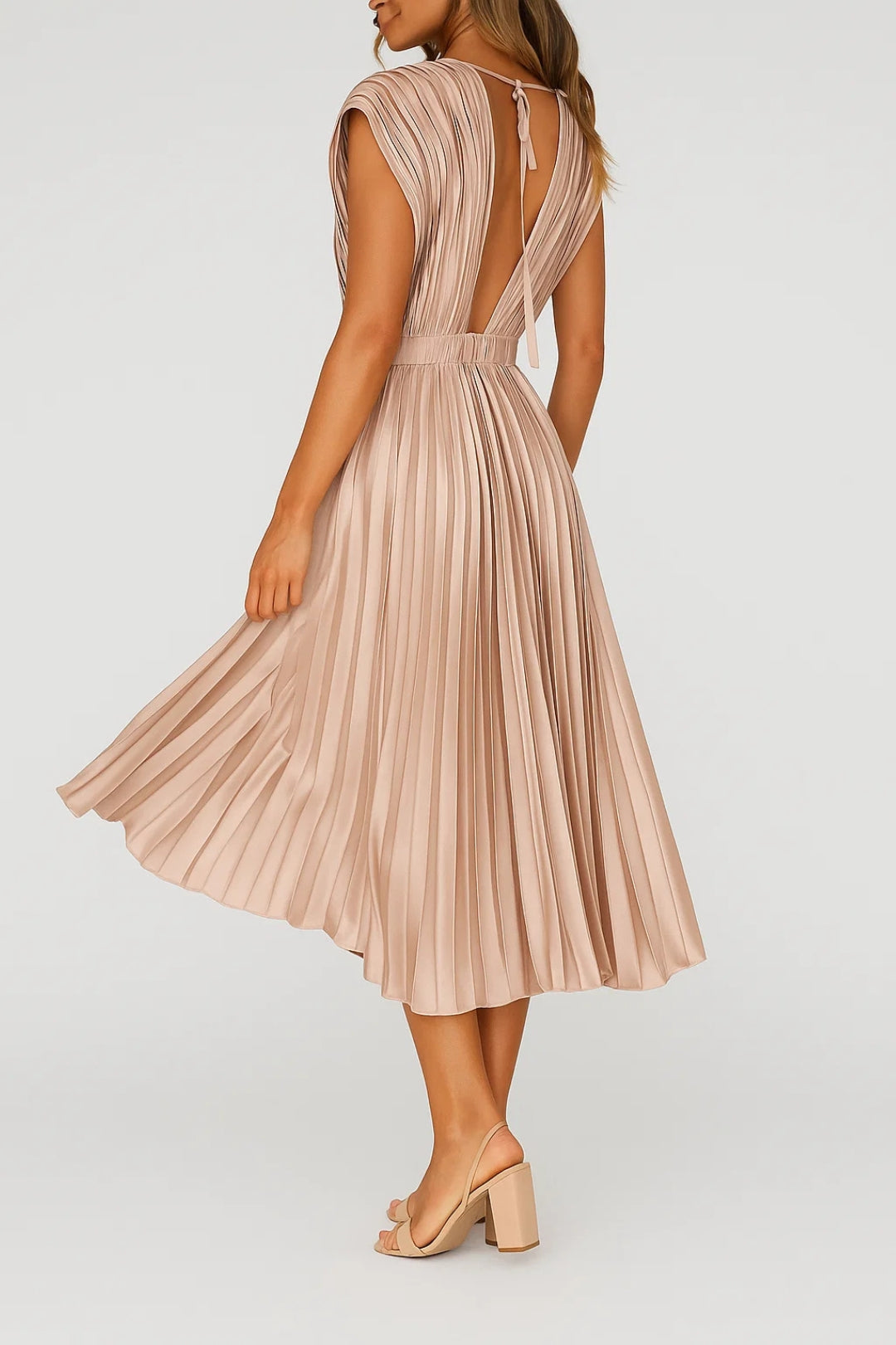 Women's Pleated Midi Dress – Elegant V Neck Occasion Dress