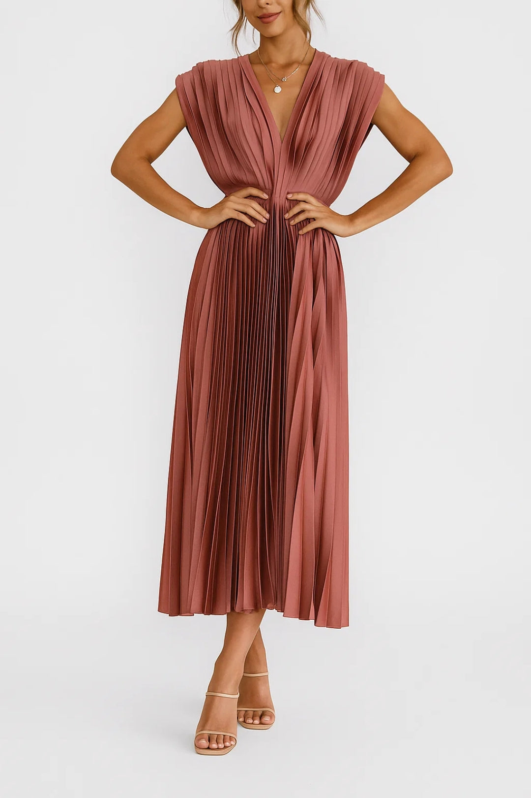 Women's Pleated Midi Dress – Elegant V Neck Occasion Dress