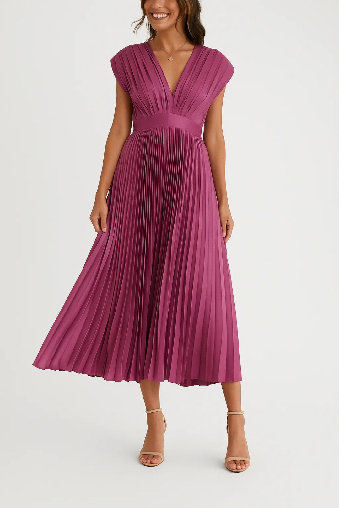 Women's Pleated Midi Dress – Elegant V Neck Occasion Dress