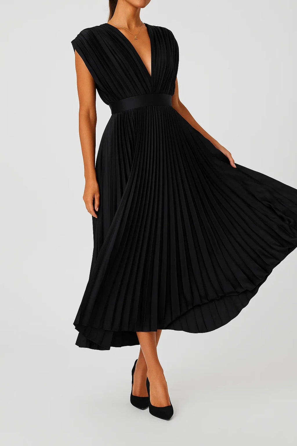 Women's Pleated Midi Dress – Elegant V Neck Occasion Dress