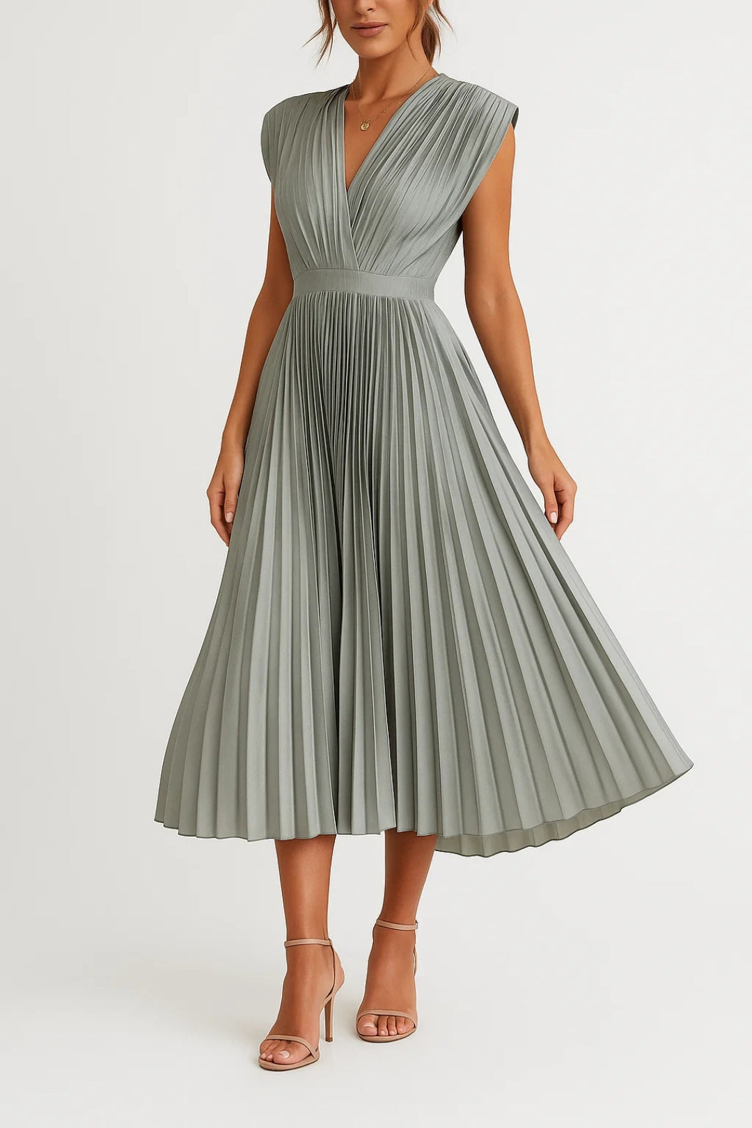Women's Pleated Midi Dress – Elegant V Neck Occasion Dress
