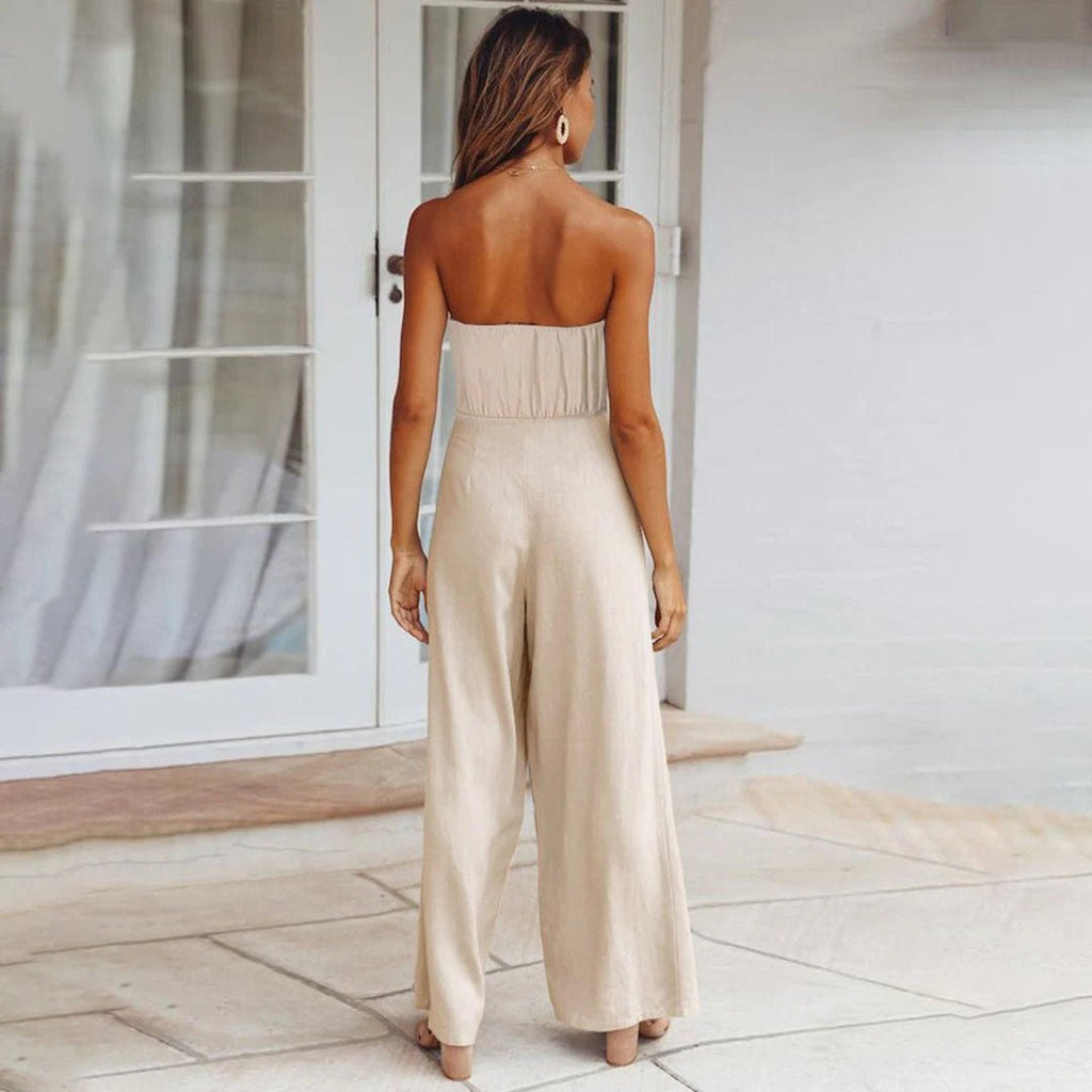 Women's Strapless Wide Leg Jumpsuit – Tie Waist Elegant Summer Outfit