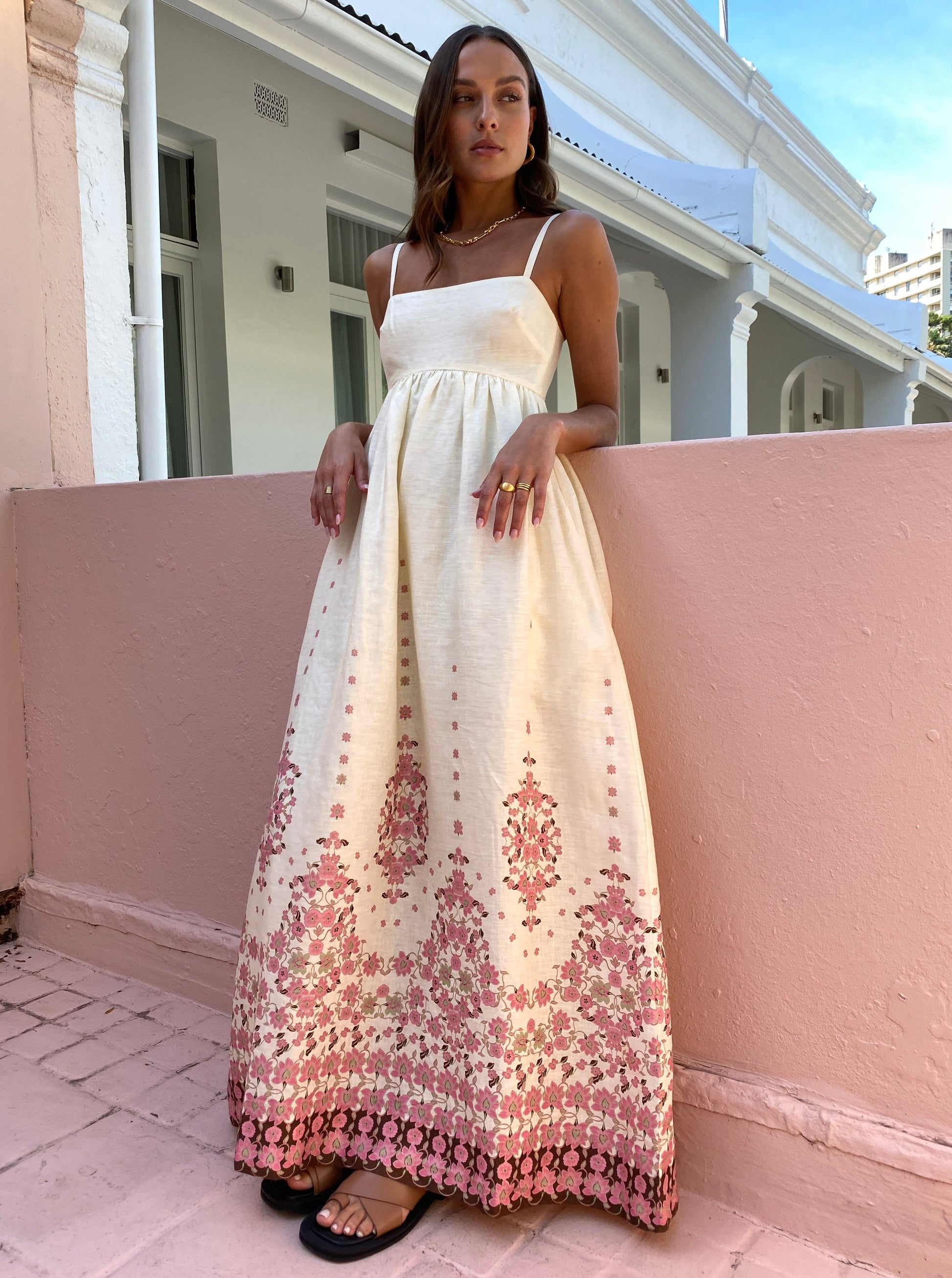 Women's Floral Maxi Dress - Square Neck Summer Dress with Pockets