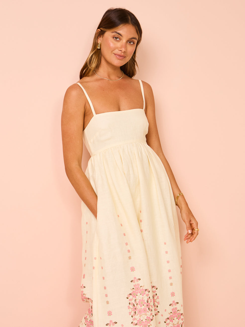 Women's Floral Maxi Dress - Square Neck Summer Dress with Pockets