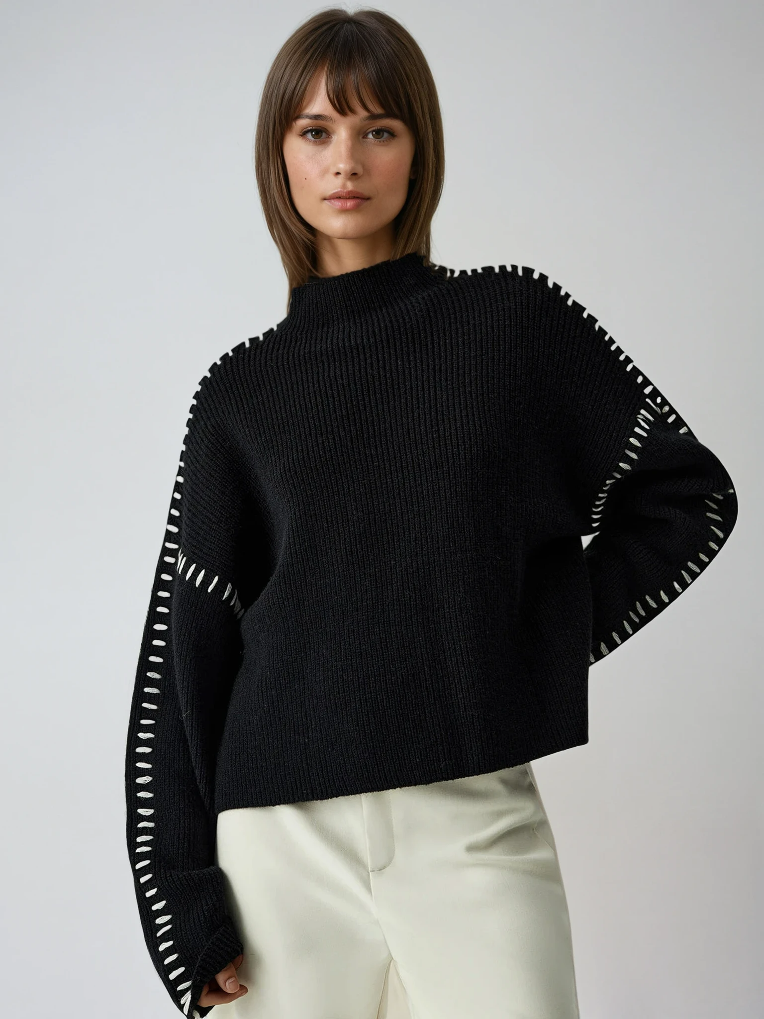Women’s Oversized Mock-Neck Sweater – Cozy Stylish Knit Top