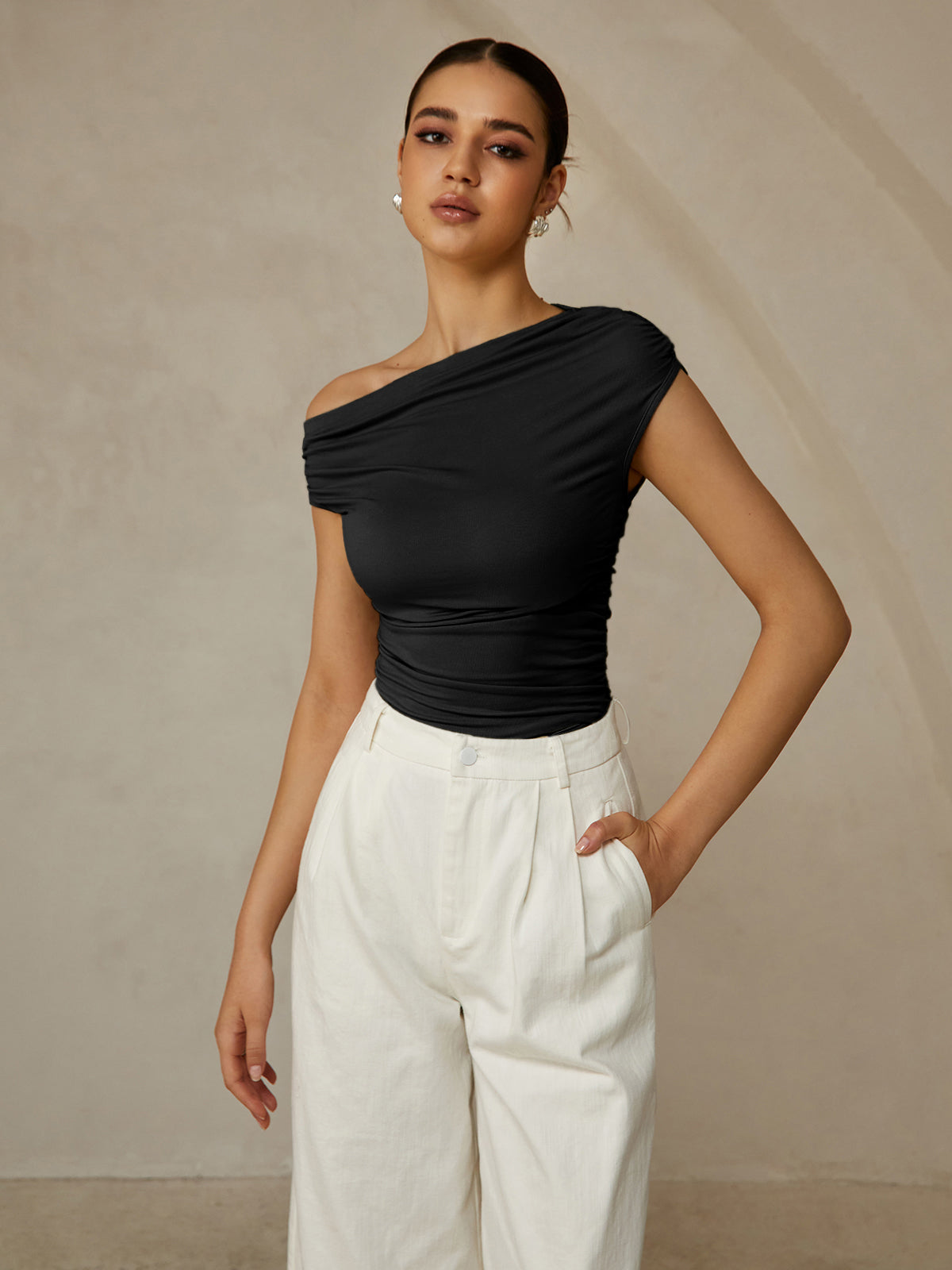 Women's Sleeveless Asymmetric Neck Top – Ribbed Stretch Basic Tank for Layering
