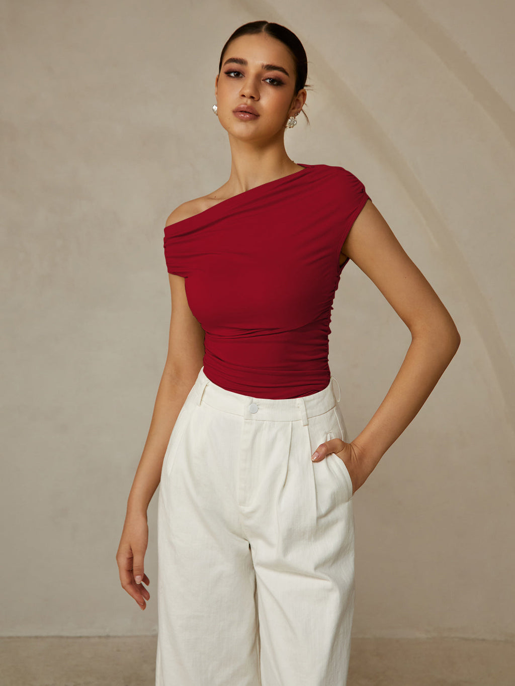 Women's Sleeveless Asymmetric Neck Top – Ribbed Stretch Basic Tank for Layering
