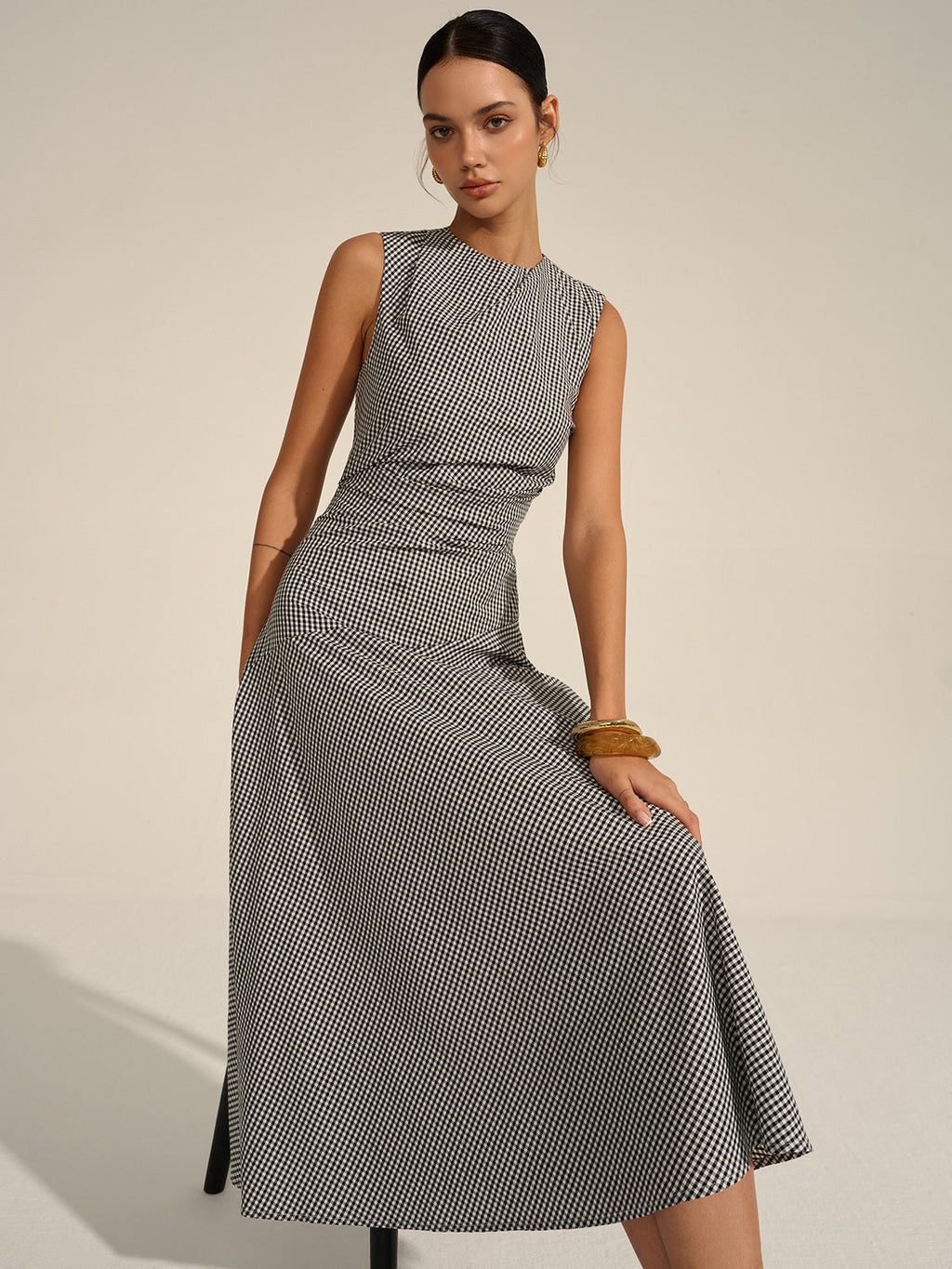 Women's Elegant Pleated Midi Dress – Waist-Defining Occasion Dress