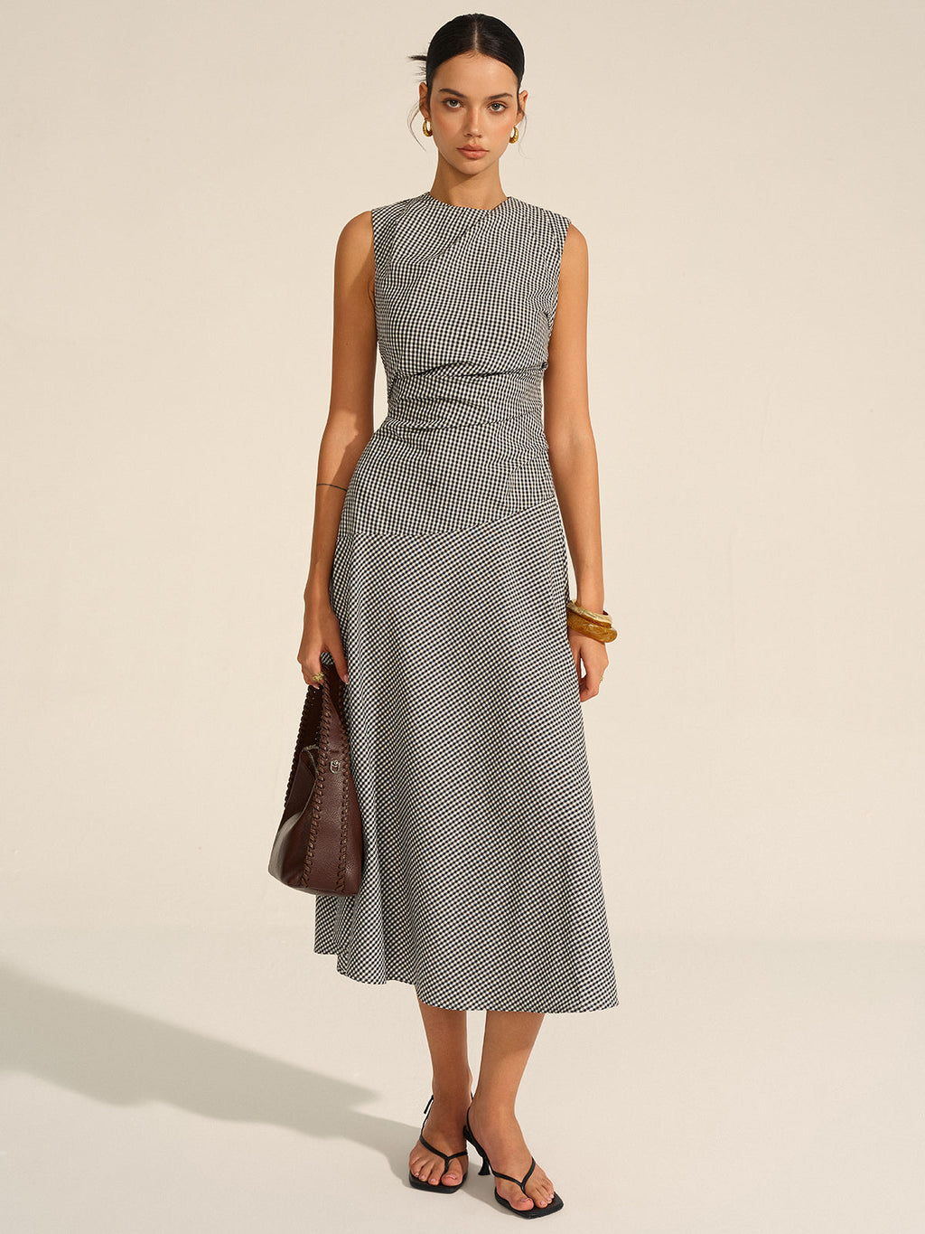 Women's Elegant Pleated Midi Dress – Waist-Defining Occasion Dress