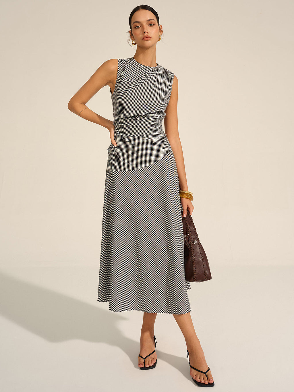 Women's Elegant Pleated Midi Dress – Waist-Defining Occasion Dress