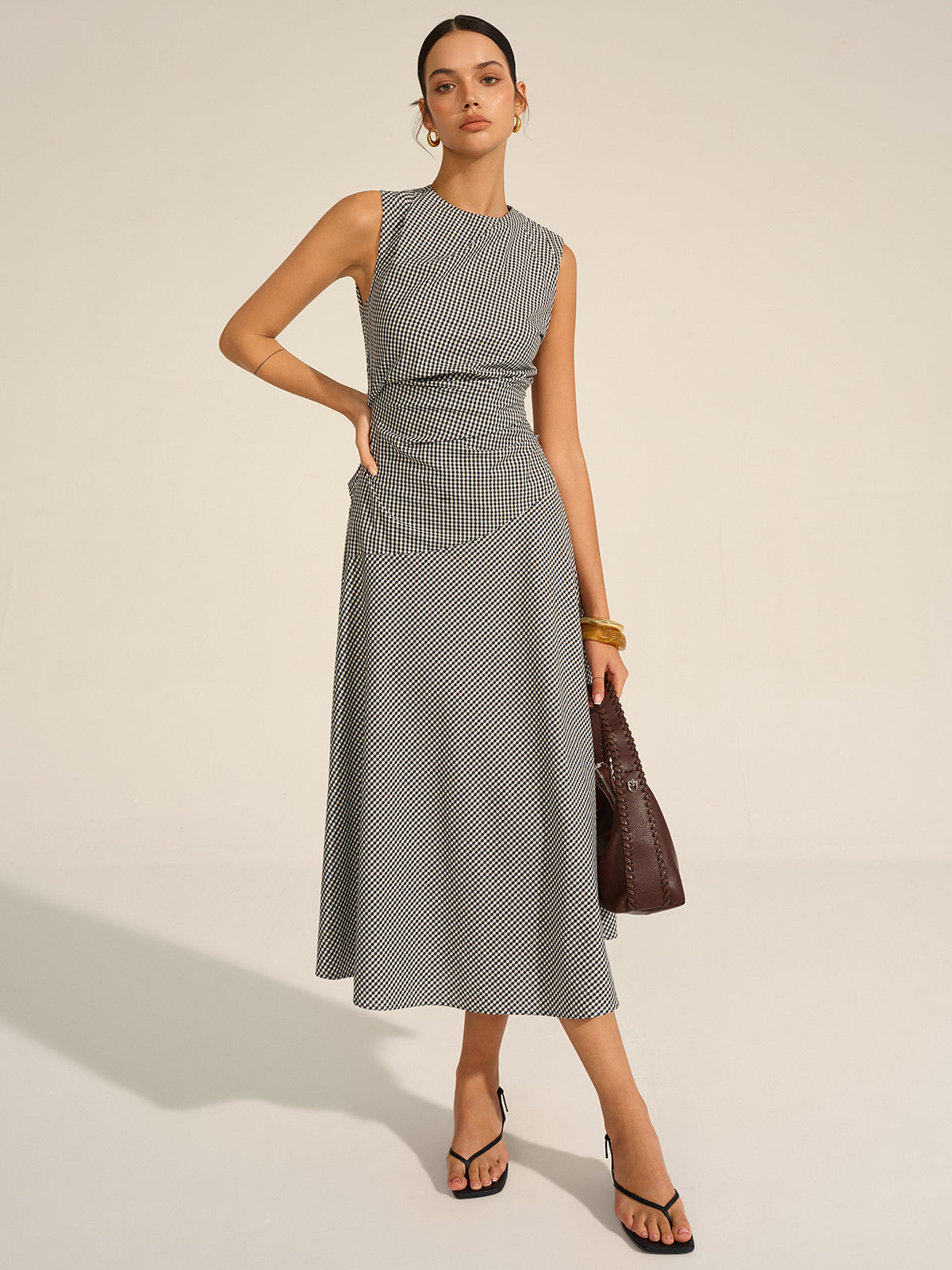 Women's Elegant Pleated Midi Dress – Waist-Defining Occasion Dress