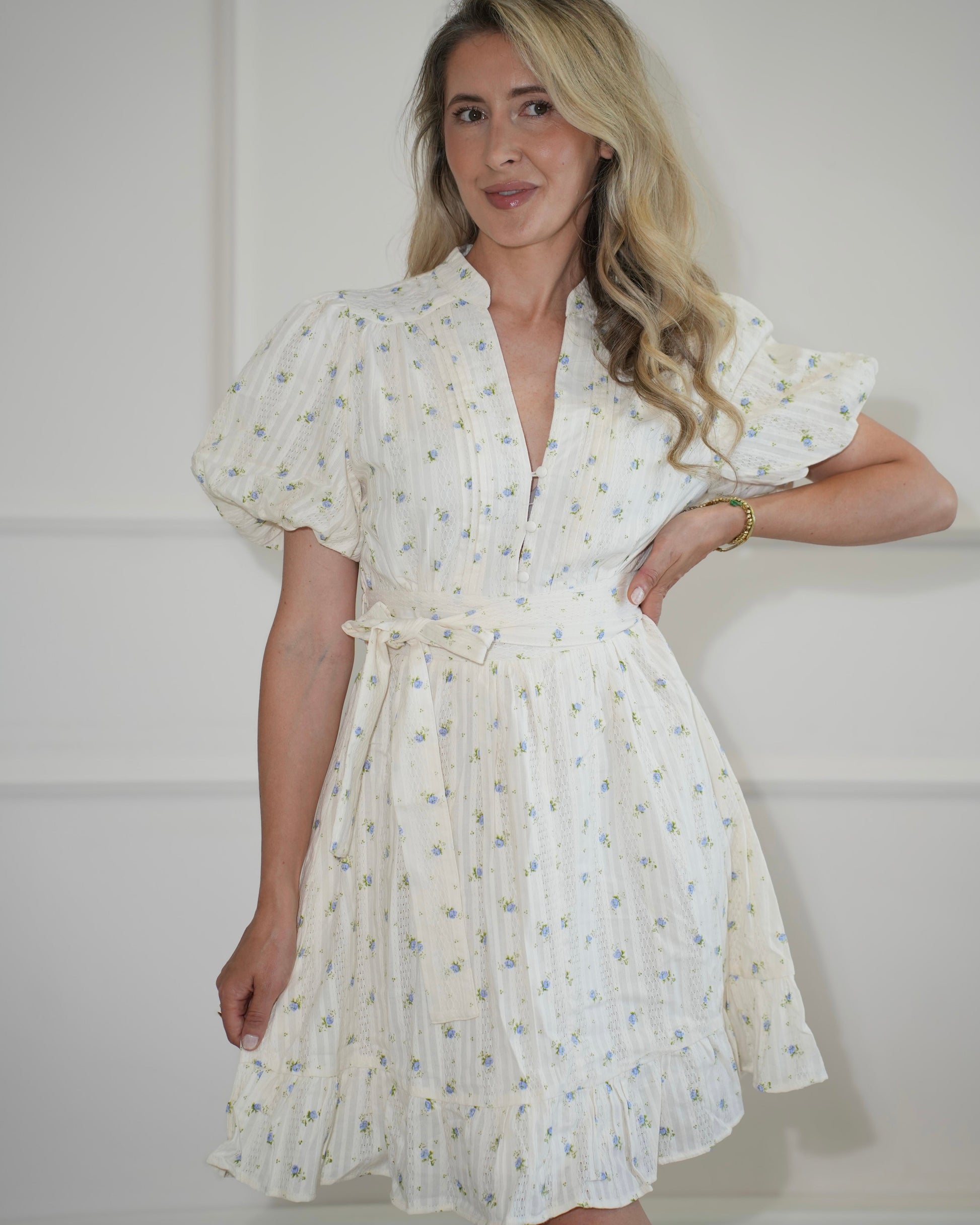 Women's Floral Puff Sleeve Midi Dress – Waist Tie Summer Occasion Dress