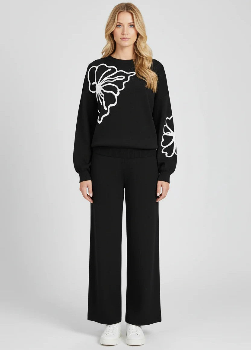 Women’s Premium Knitted Loungewear Set – Round Neck Embroidered Top and Wide-Leg Pants
