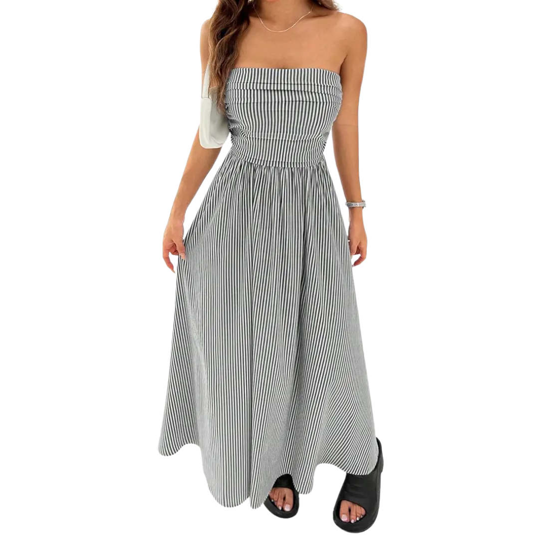 Women's Striped Strapless Maxi Dress with Pockets - Easy Holiday Daywear