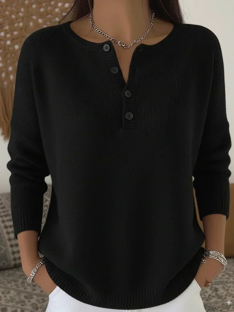 Women's Henley Button Knit Sweater - Soft Casual Everyday Style