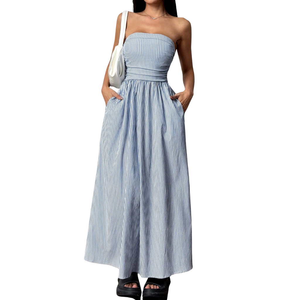 Women's Striped Strapless Maxi Dress with Pockets - Easy Holiday Daywear