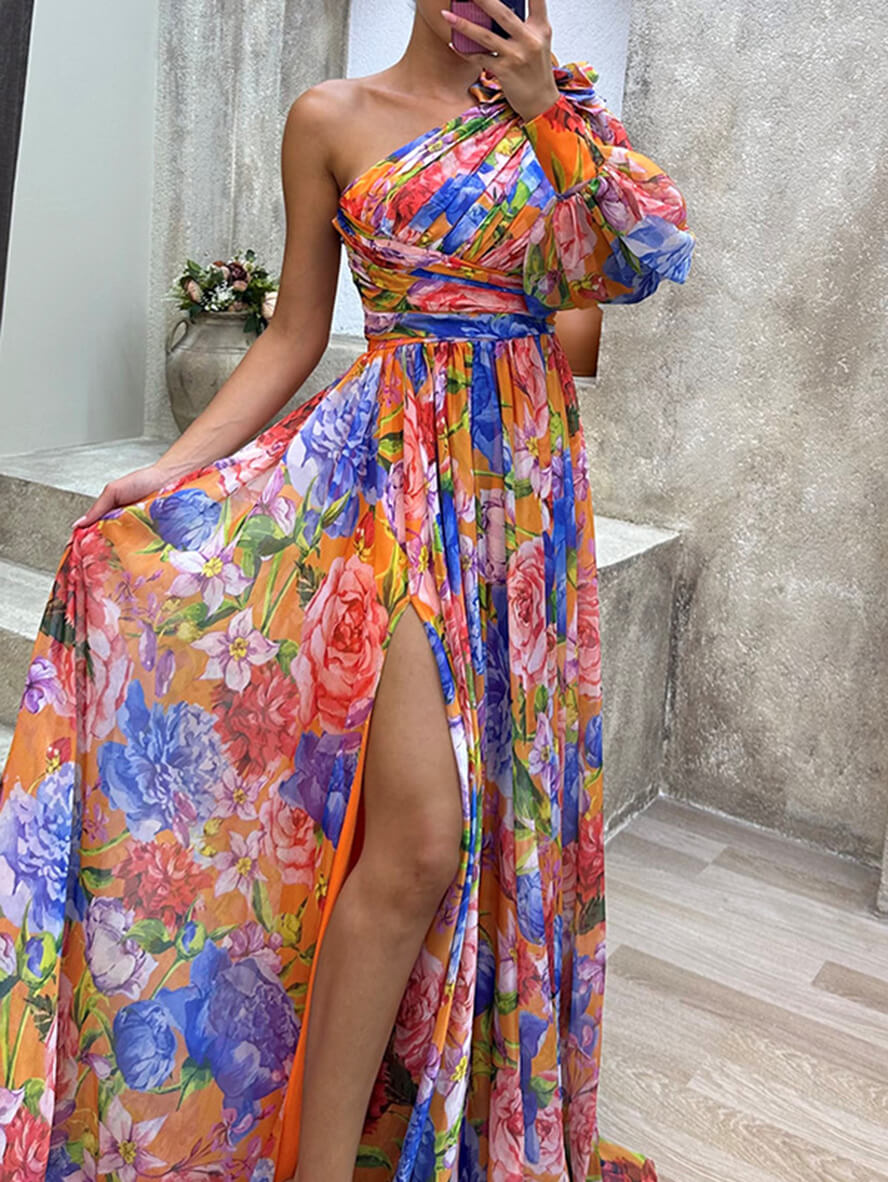 Women's Off Shoulder Floral Maxi Dress – Elegant Split Evening Dress