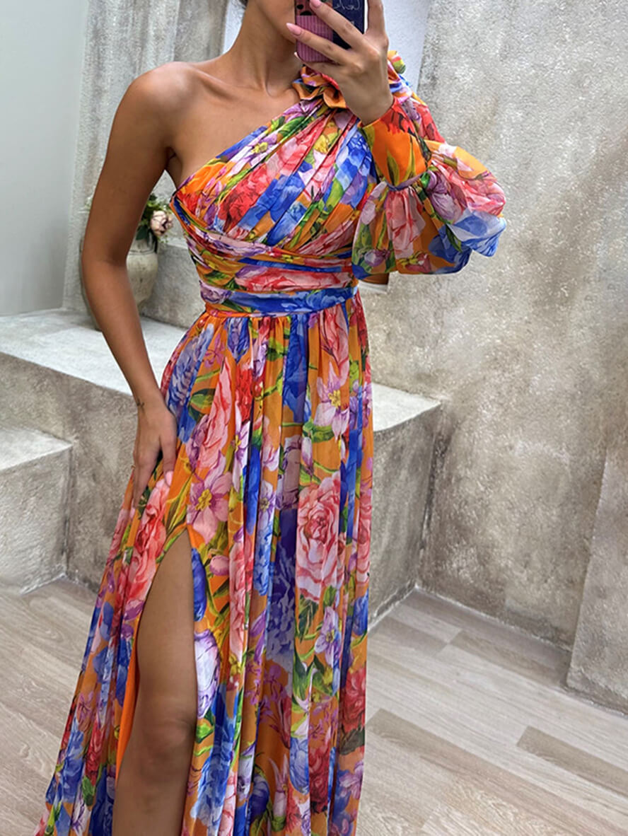 Women's Off Shoulder Floral Maxi Dress – Elegant Split Evening Dress