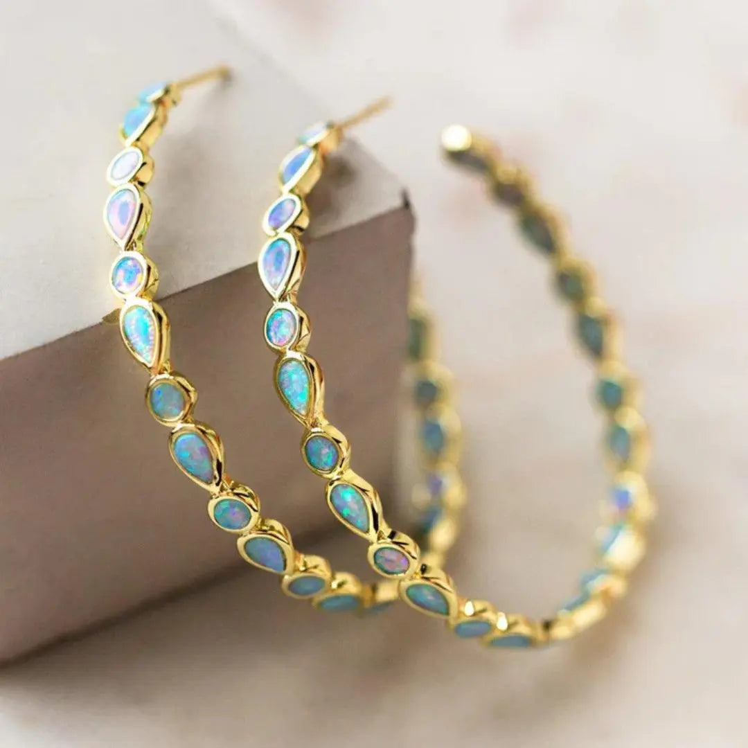 Women's Vintage Blue Opal Gold Earrings - Elegant Occasion Jewelry