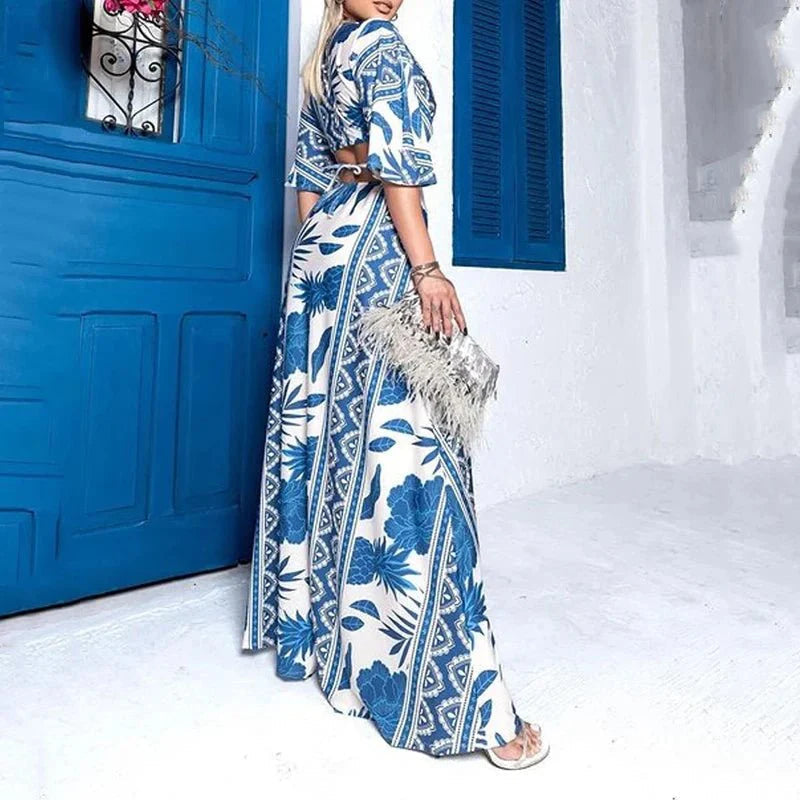 Women's Printed V-Neck Maxi Dress – Breezy Summer Occasion Style