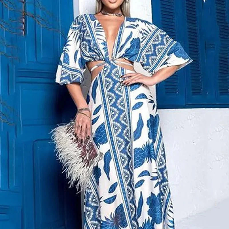 Women's Printed V-Neck Maxi Dress – Breezy Summer Occasion Style