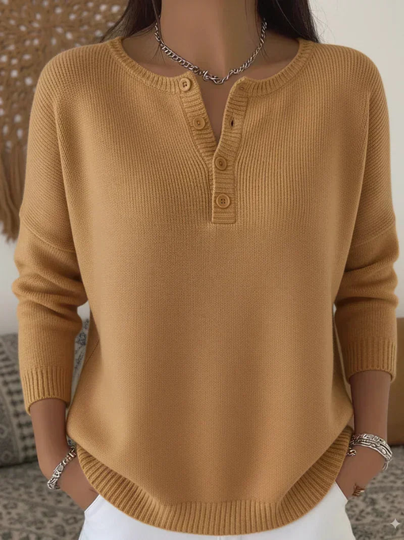 Women's Henley Button Knit Sweater - Soft Casual Everyday Style
