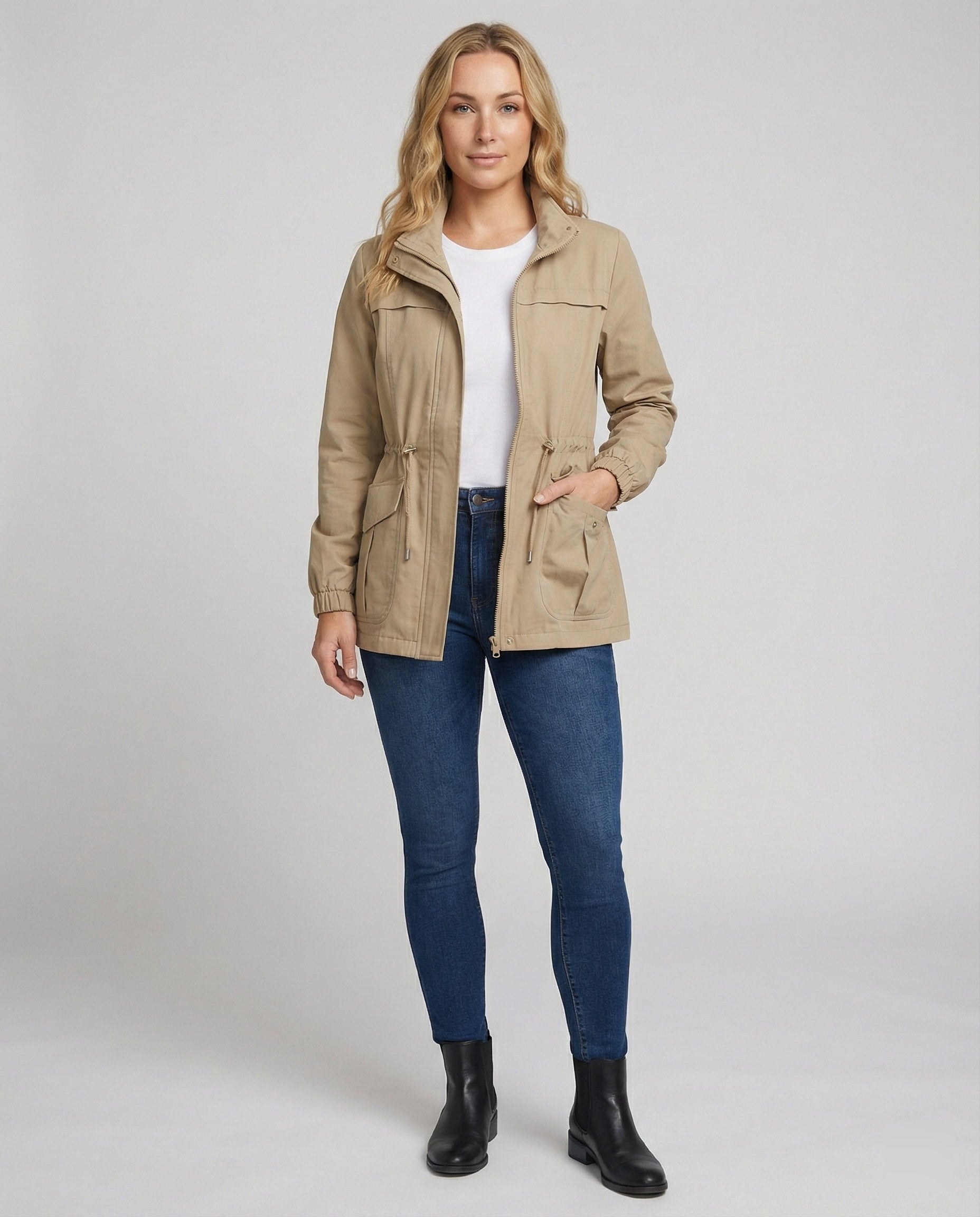 Women's Utility Jacket - Drawstring Waist Casual Layering Style