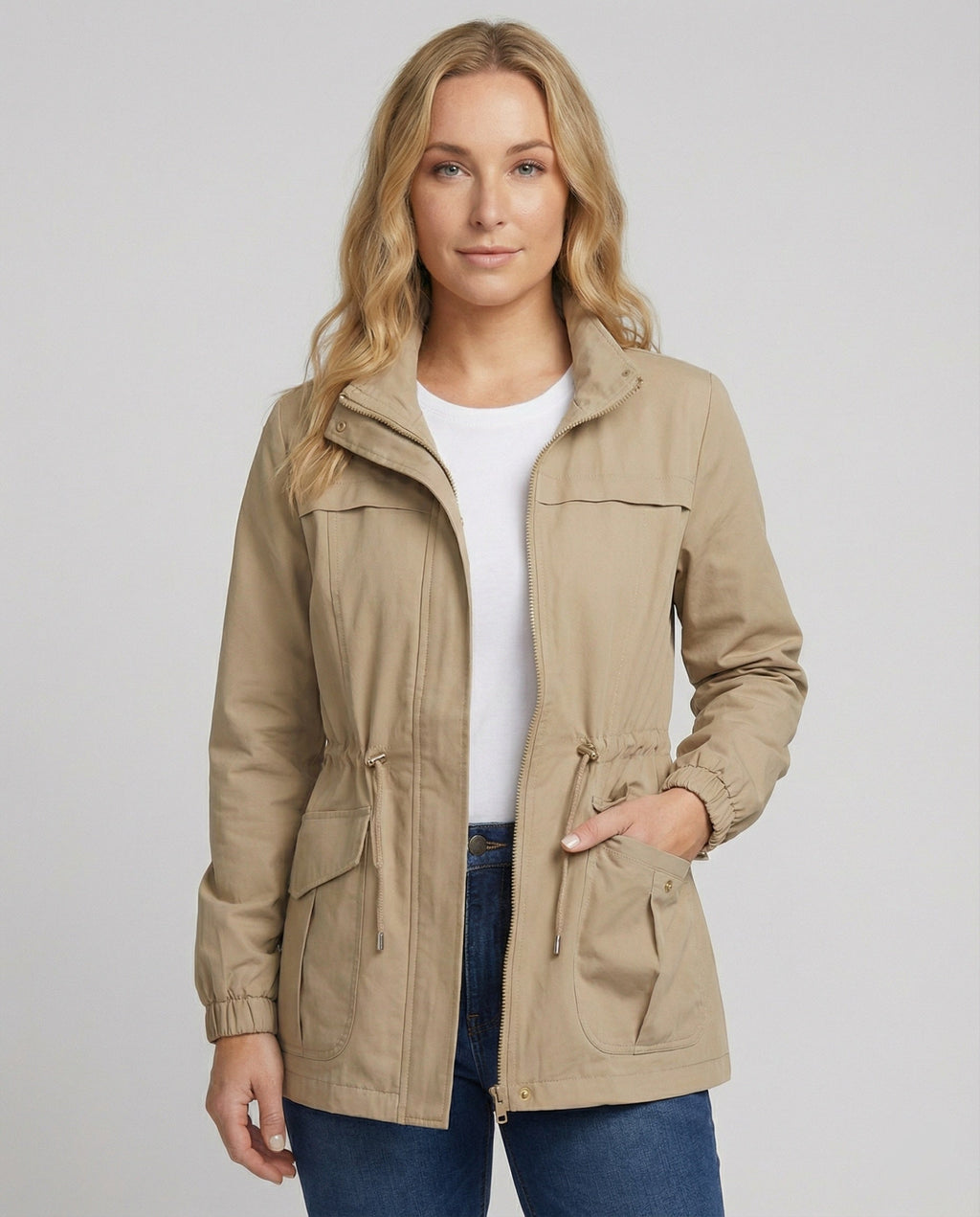 Women's Utility Jacket - Drawstring Waist Casual Layering Style