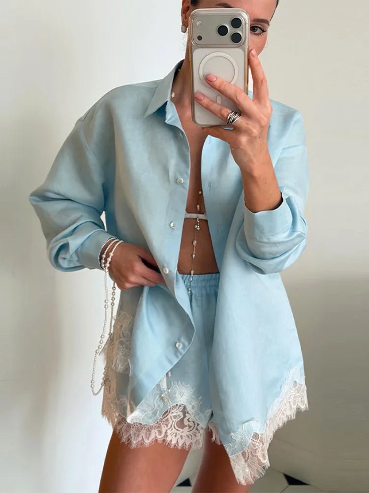 Women's Two Piece Beach Set - Lace Patchwork Blouse and Shorts