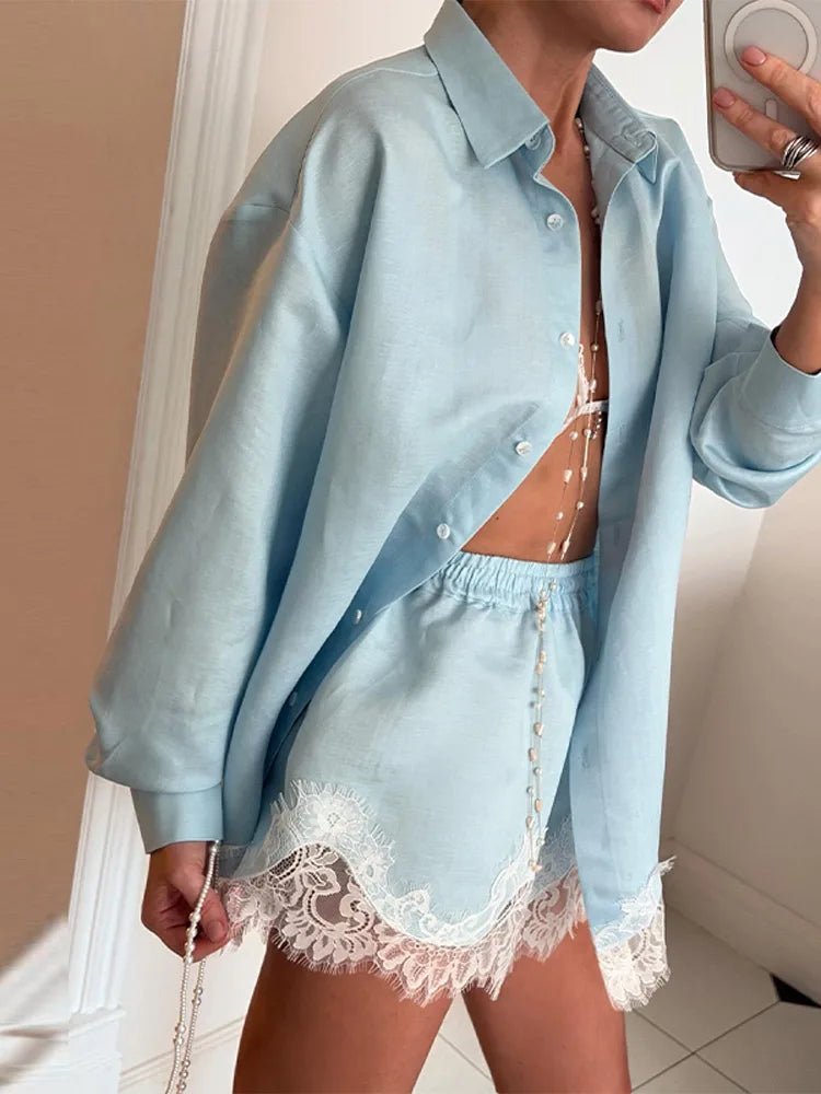 Women's Two Piece Beach Set - Lace Patchwork Blouse and Shorts
