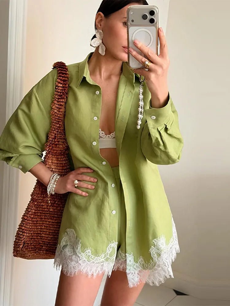 Women's Two Piece Beach Set - Lace Patchwork Blouse and Shorts