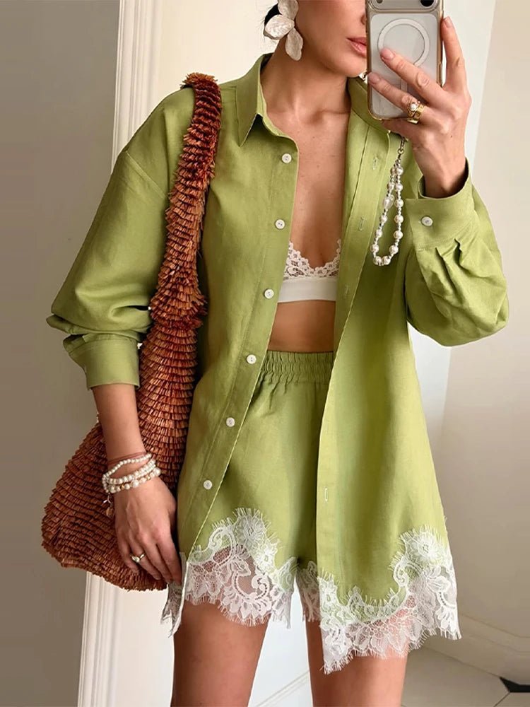 Women's Two Piece Beach Set - Lace Patchwork Blouse and Shorts