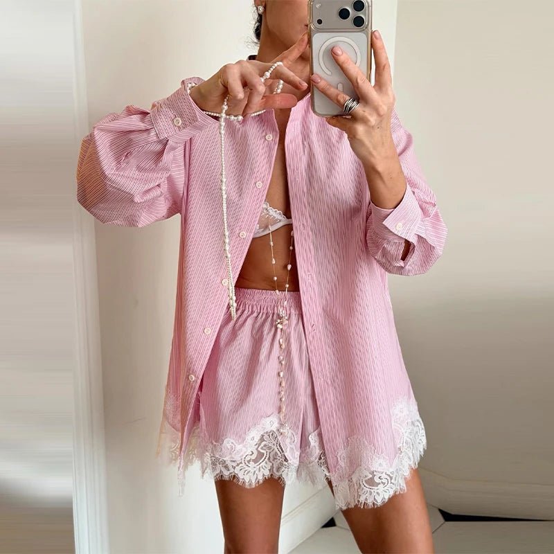 Women's Two Piece Beach Set - Lace Patchwork Blouse and Shorts