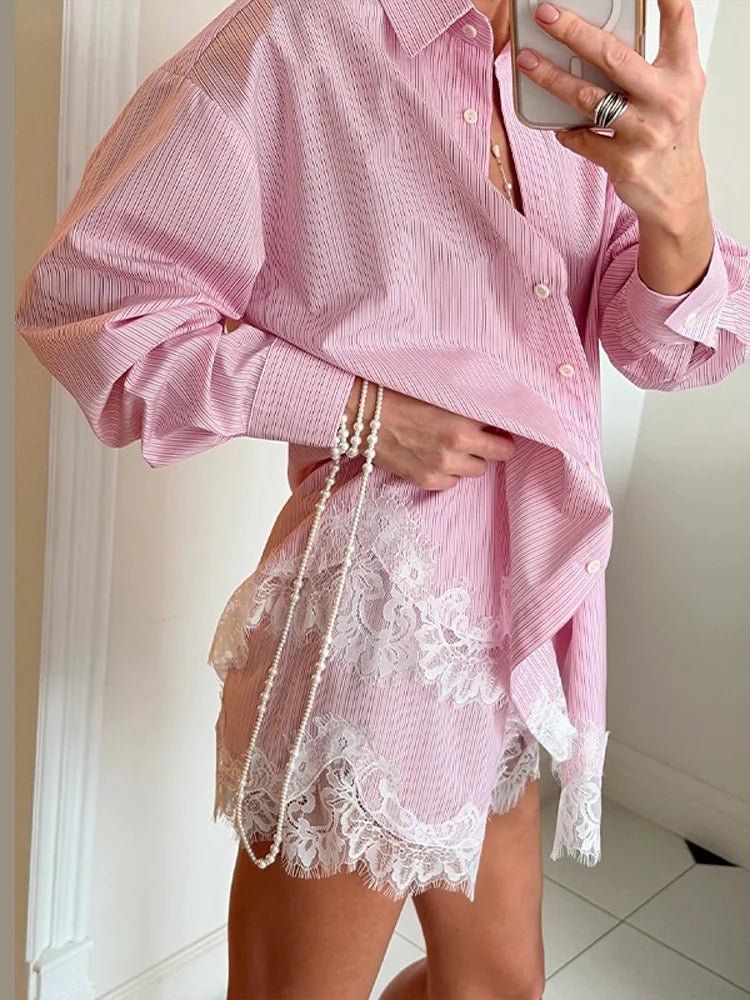 Women's Two Piece Beach Set - Lace Patchwork Blouse and Shorts