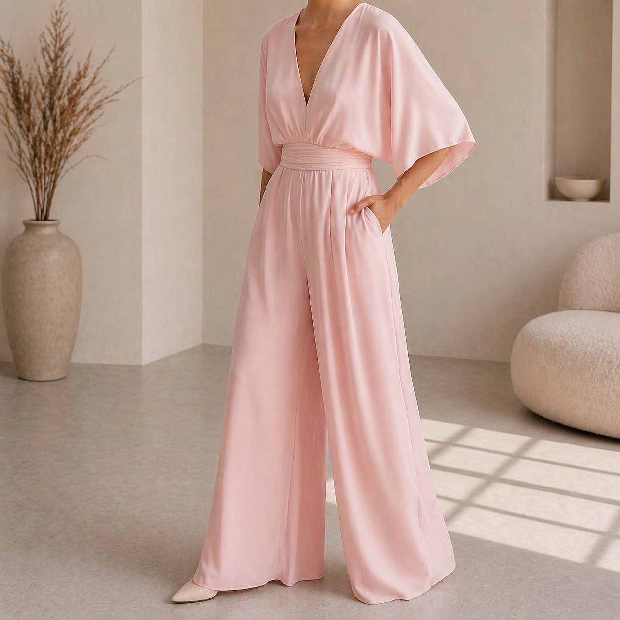 Women's V Neck Wide Leg Jumpsuit - Elegant Occasion One Piece