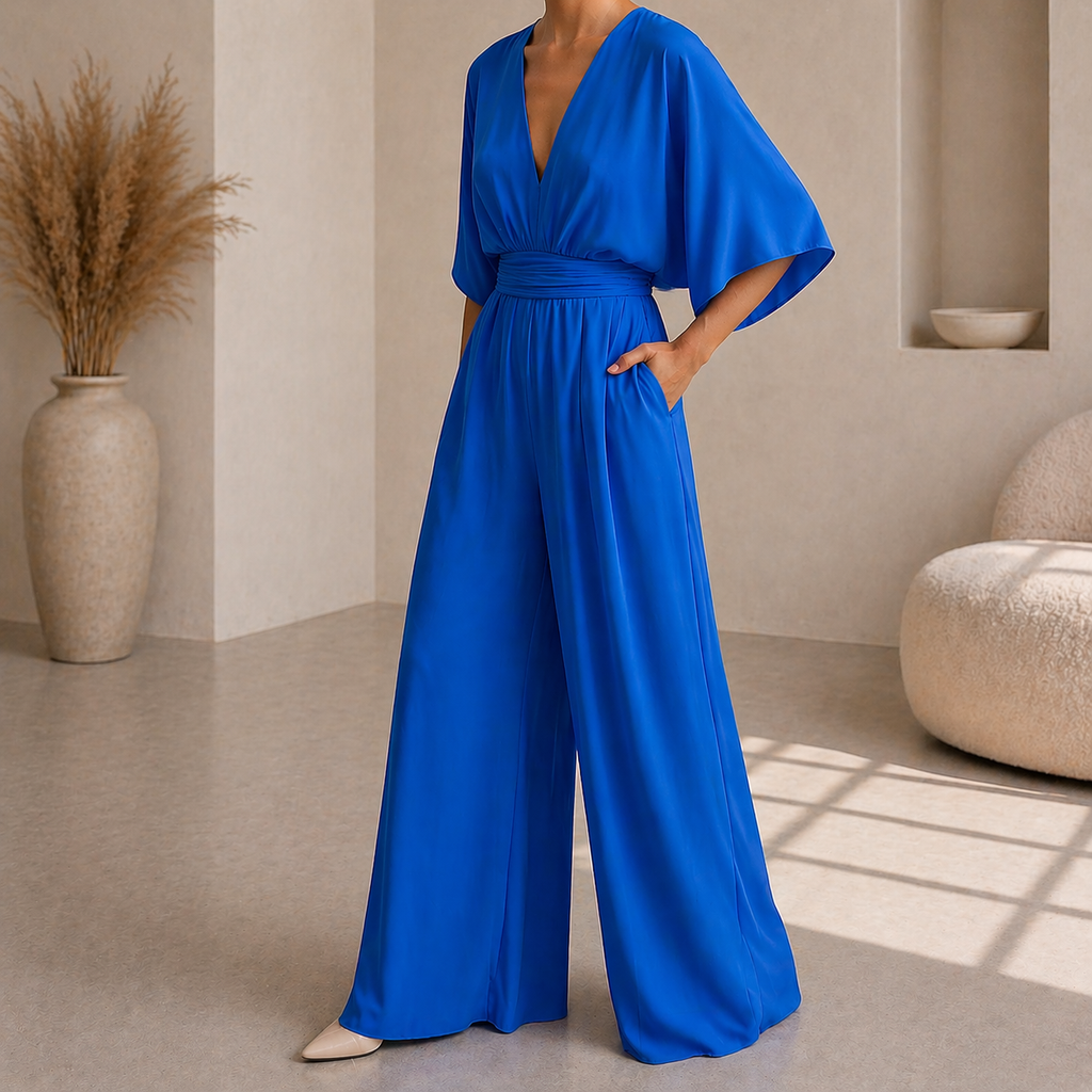 Women's V Neck Wide Leg Jumpsuit - Elegant Occasion One Piece