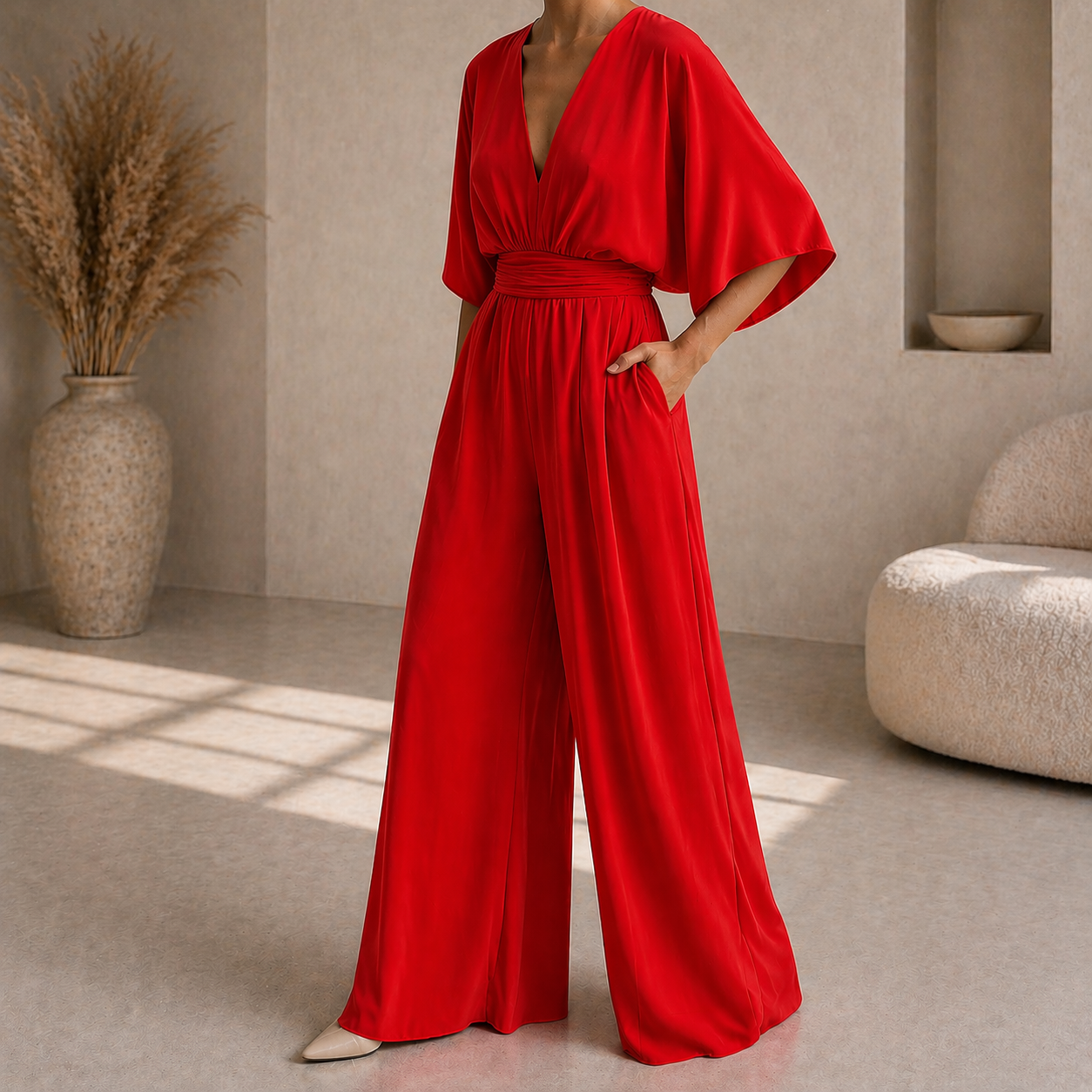Women's V Neck Wide Leg Jumpsuit - Elegant Occasion One Piece
