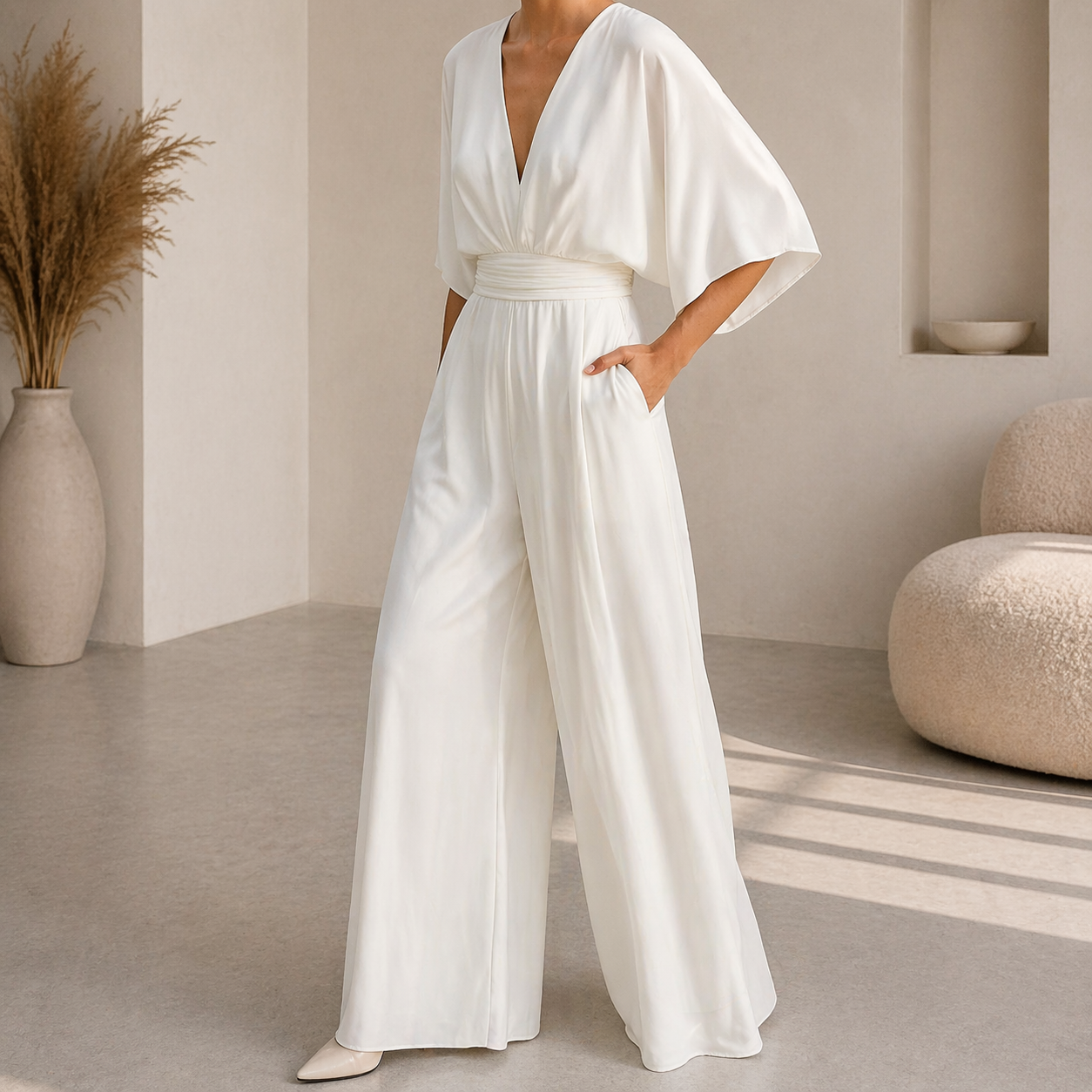 Women's V Neck Wide Leg Jumpsuit - Elegant Occasion One Piece