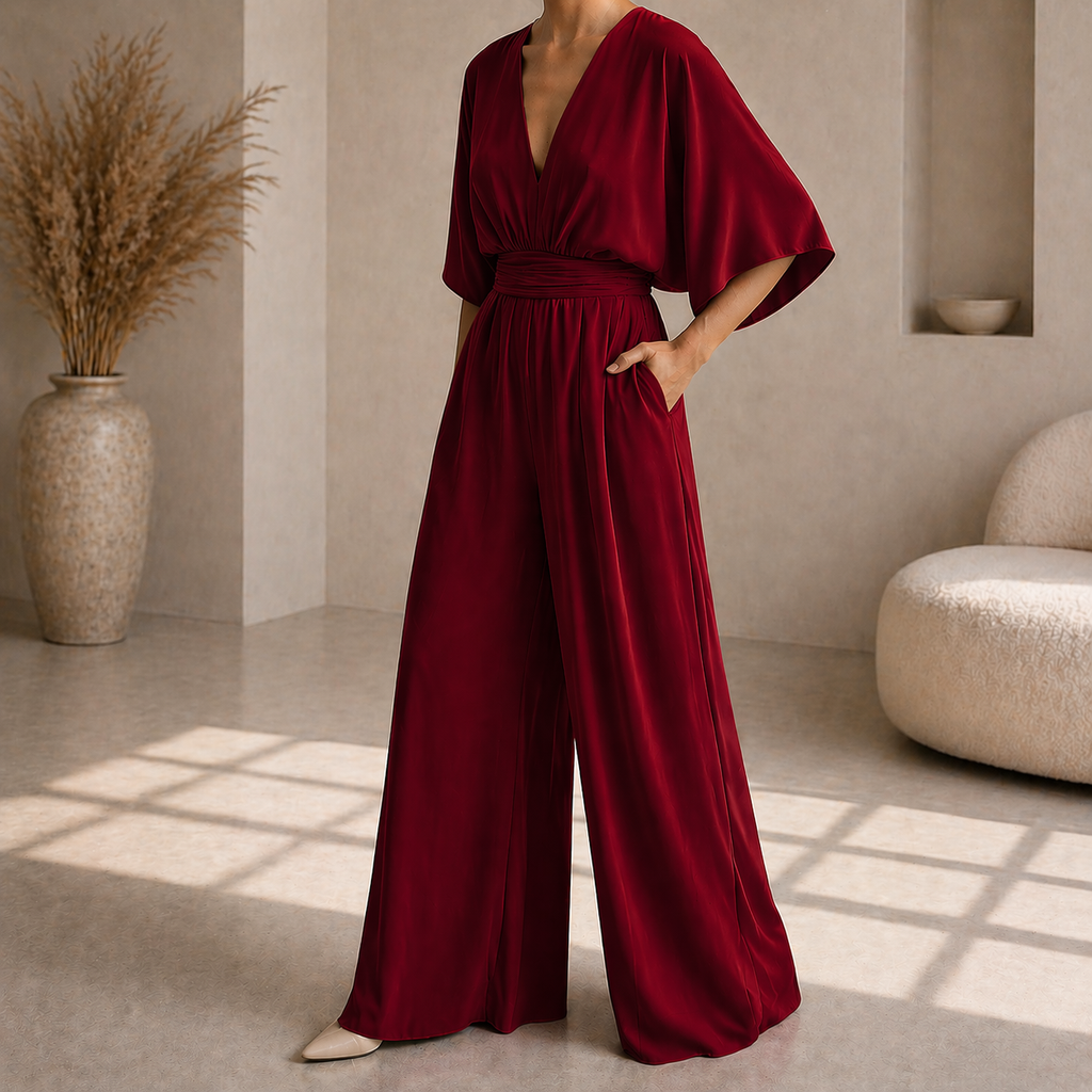 Women's V Neck Wide Leg Jumpsuit - Elegant Occasion One Piece