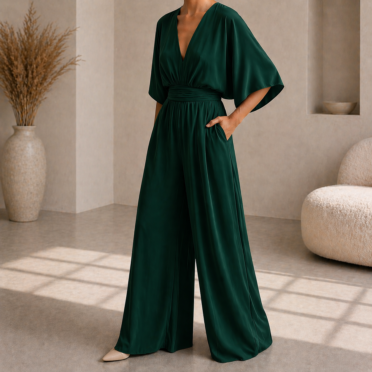 Women's V Neck Wide Leg Jumpsuit - Elegant Occasion One Piece
