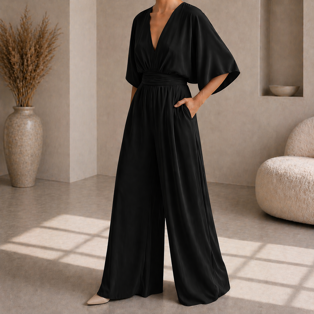 Women's V Neck Wide Leg Jumpsuit - Elegant Occasion One Piece