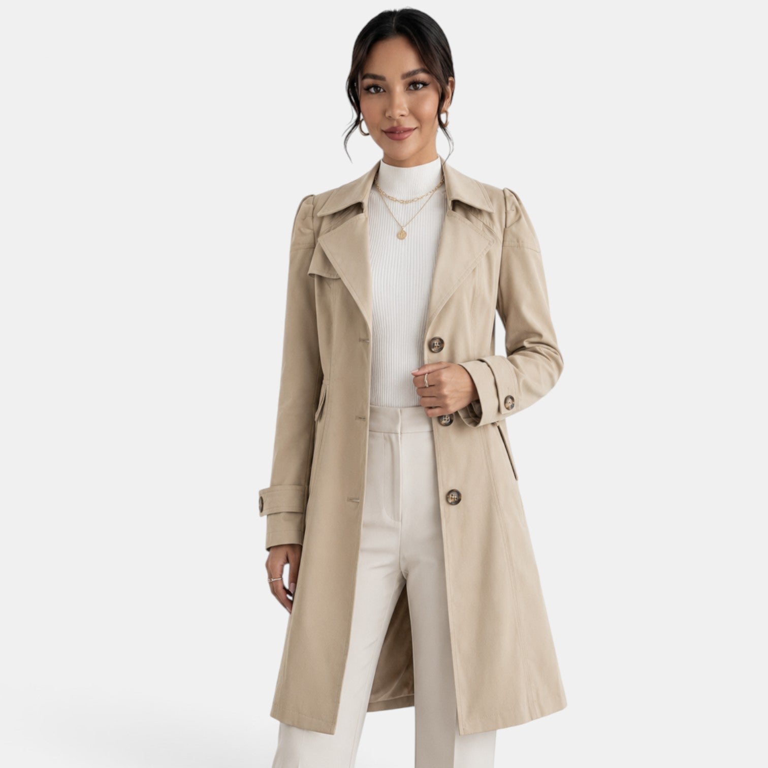 Women's Elegant Belted Trench Coat - Classic Feminine Timeless Outerwear