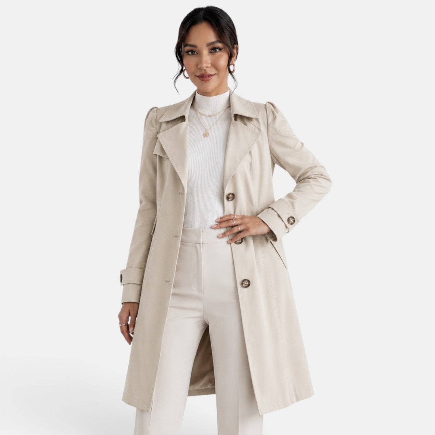 Women's Elegant Belted Trench Coat - Classic Feminine Timeless Outerwear