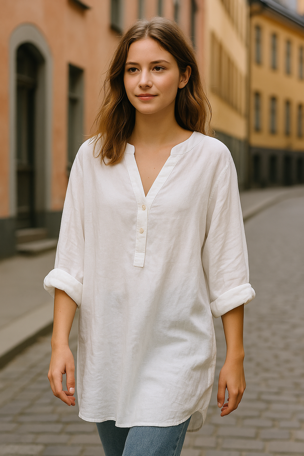 Women's Red Linen V-Neck Button Long-Sleeve Tunic Shirt