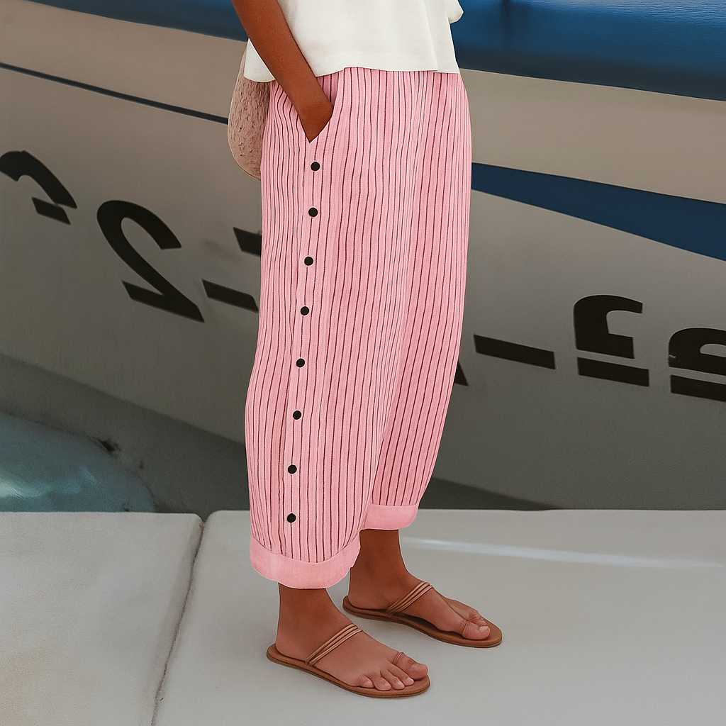 Women's Striped Panel Button-Detail Trousers – Modern Casual Tailored Style