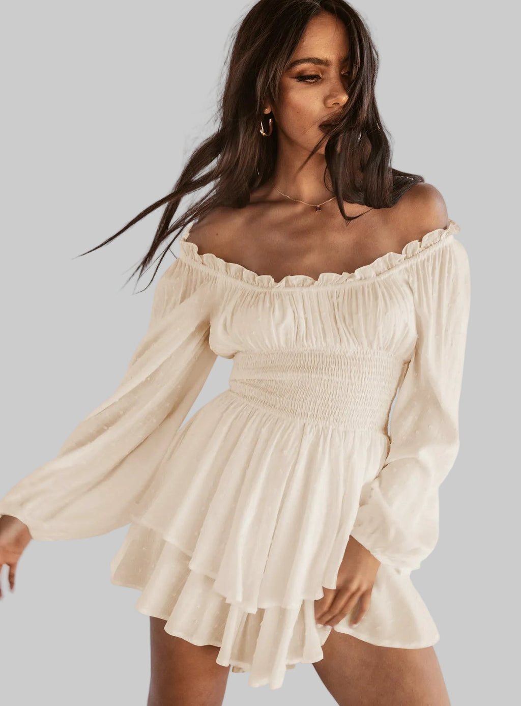 Women's Off Shoulder Playsuit - Puff Sleeve Tiered Summer Style