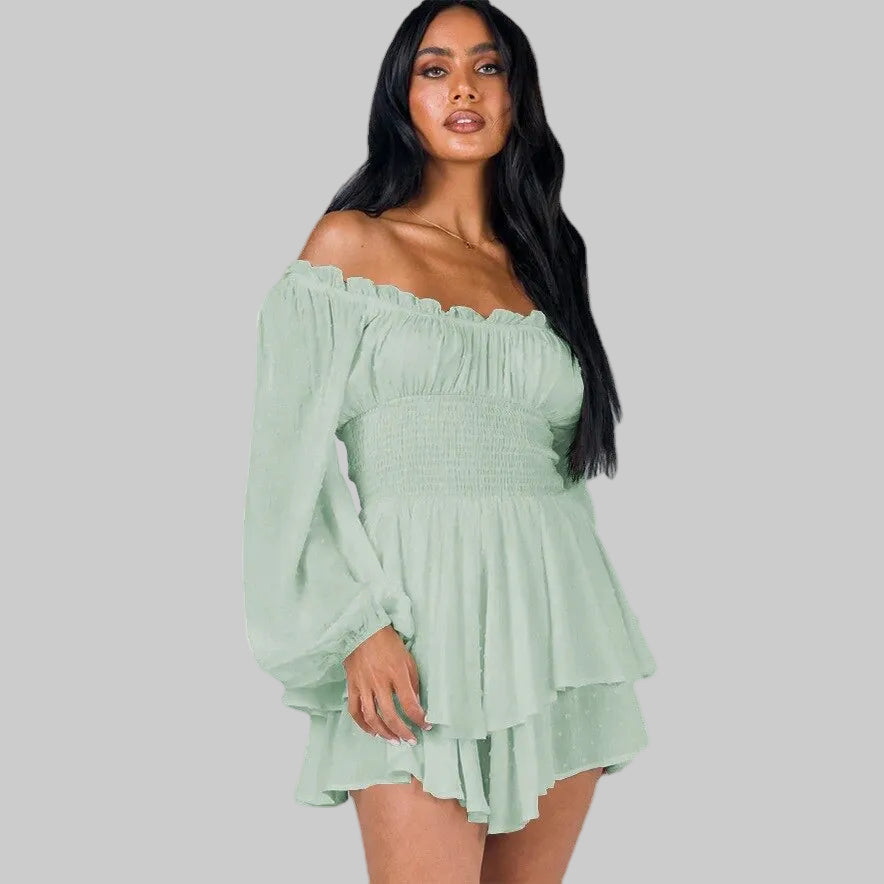 Women's Off Shoulder Playsuit - Puff Sleeve Tiered Summer Style