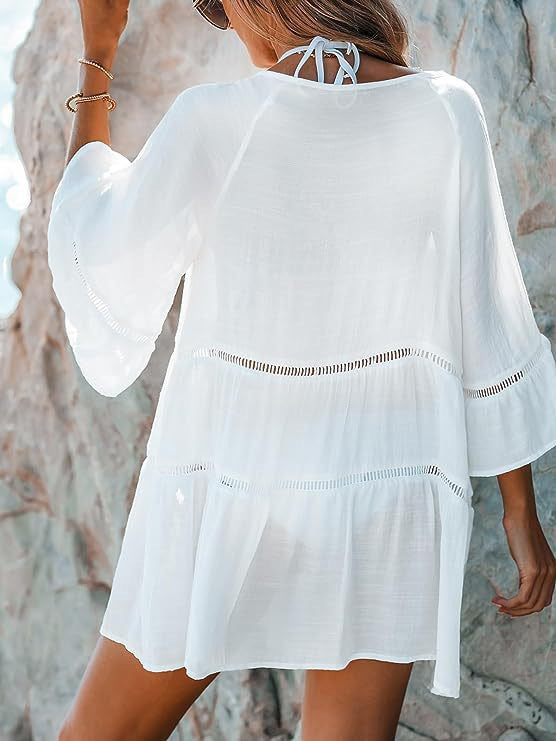 Women's White Beach Cover-Up Dress – Bell Sleeve Summer Swim Cover-Up