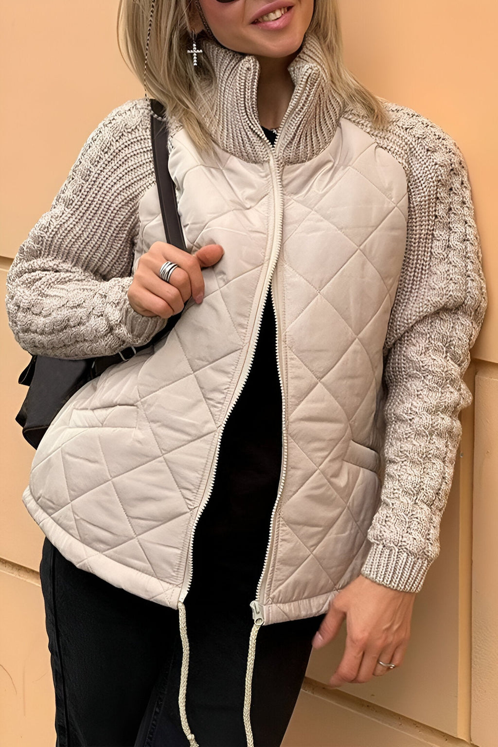 Women’s Mixed-Knit Zip-Up Jacket – Stylish Textured Casual Layering Style