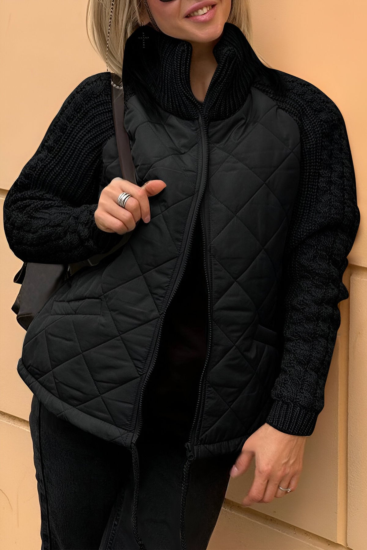 Women’s Mixed-Knit Zip-Up Jacket – Stylish Textured Casual Layering Style